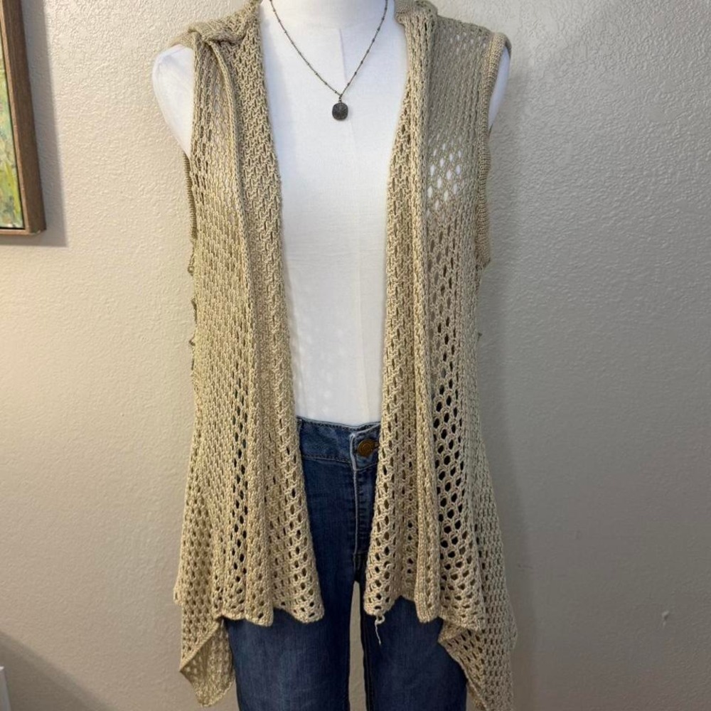 Crochet Knit Hooded Vest Tan Open‎ Front Boho Festival